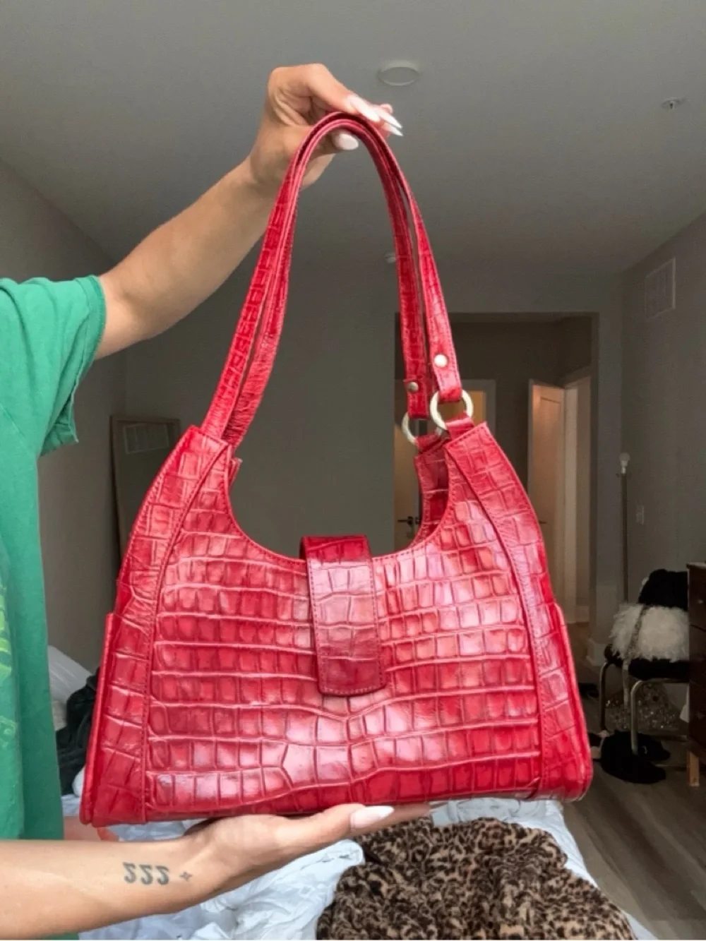 Red Croc-Embossed Shoulder Bag